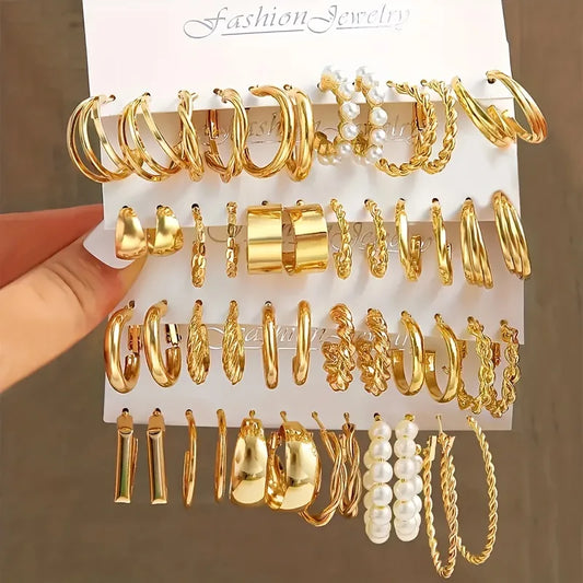 18pcs Women’s Fashion Earrings Set – Geometric, C-Shaped, and Faux Pearl Alloy Earrings in Gold-Color | Trendy  Jewelry