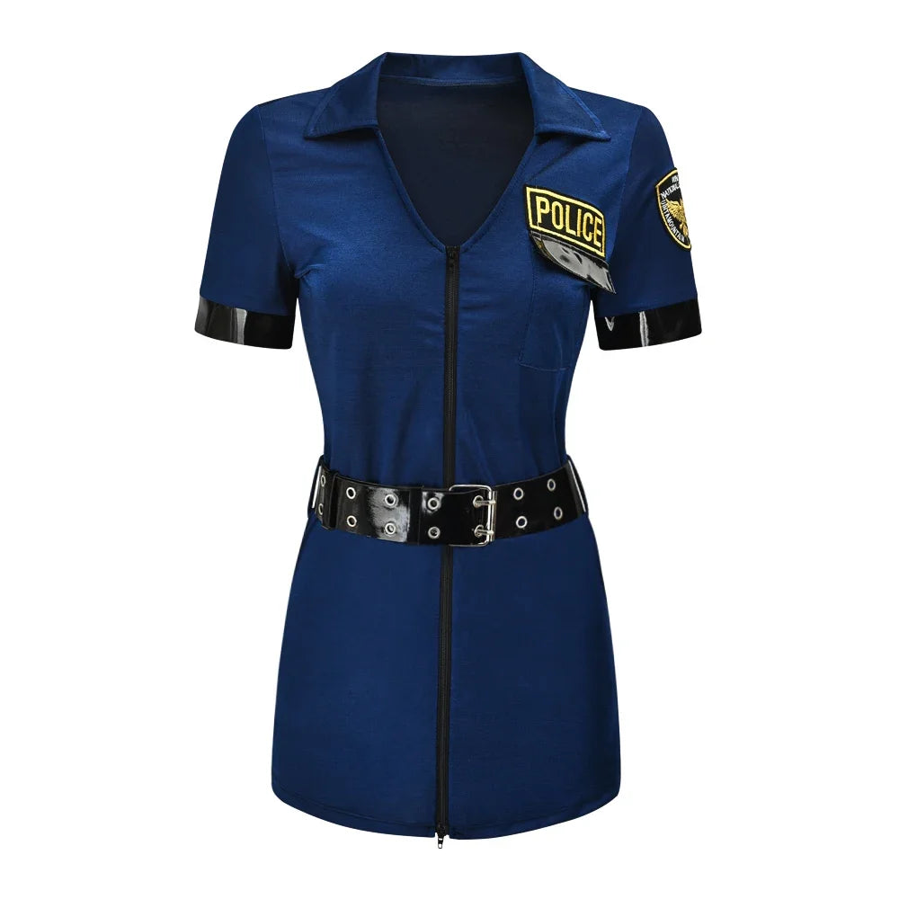 Women's Policeman Costume Set – Stretchy Dress, Hat, Badge & Handcuffs for Halloween and Cosplay