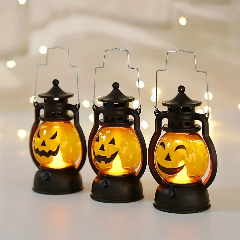 Halloween Hanging Pumpkin Lantern LED Ghost Lamp – Retro Oil Lamp Candle Light for Spooky Home Decor and Horror Party Props