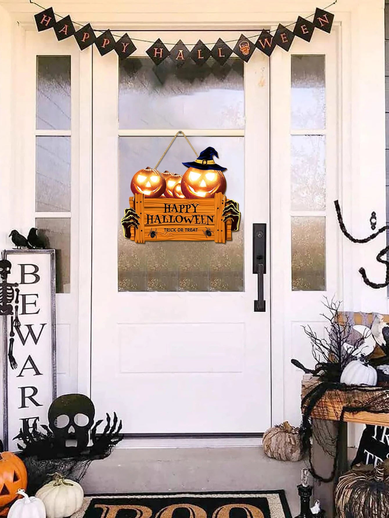 Happy Halloween Wooden Pumpkin Sign with Hat – Perfect for Home, Café, and Party Decor