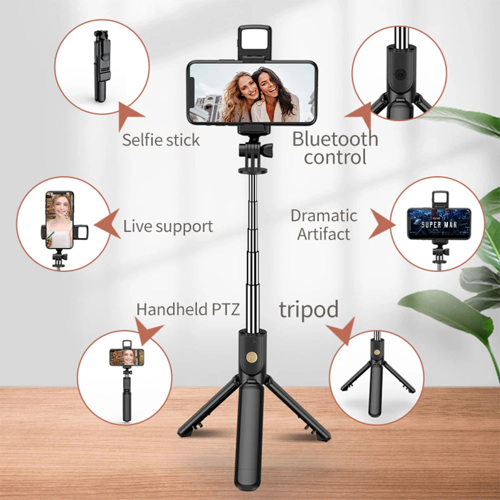 Multifunctional Selfie Stick with Bluetooth Remote, Fill Light, and Tripod – Compact & Portable, 71cm Adjustable Length