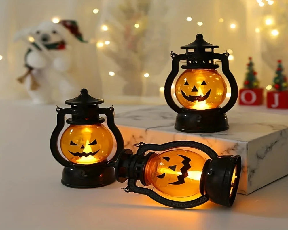 Halloween Hanging Pumpkin Lantern LED Ghost Lamp – Retro Oil Lamp Candle Light for Spooky Home Decor and Horror Party Props