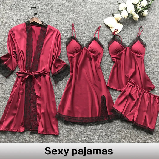 4-Piece Women's Sexy Lace Pajama Set – V-Neck Nightdress with Chest Pads | Fashionable & Comfortable Loungewear