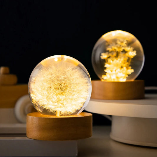 3D Dandelion Crystal Ball with Wood Stand – Luminous Preserved Flower Sphere Night Lamp