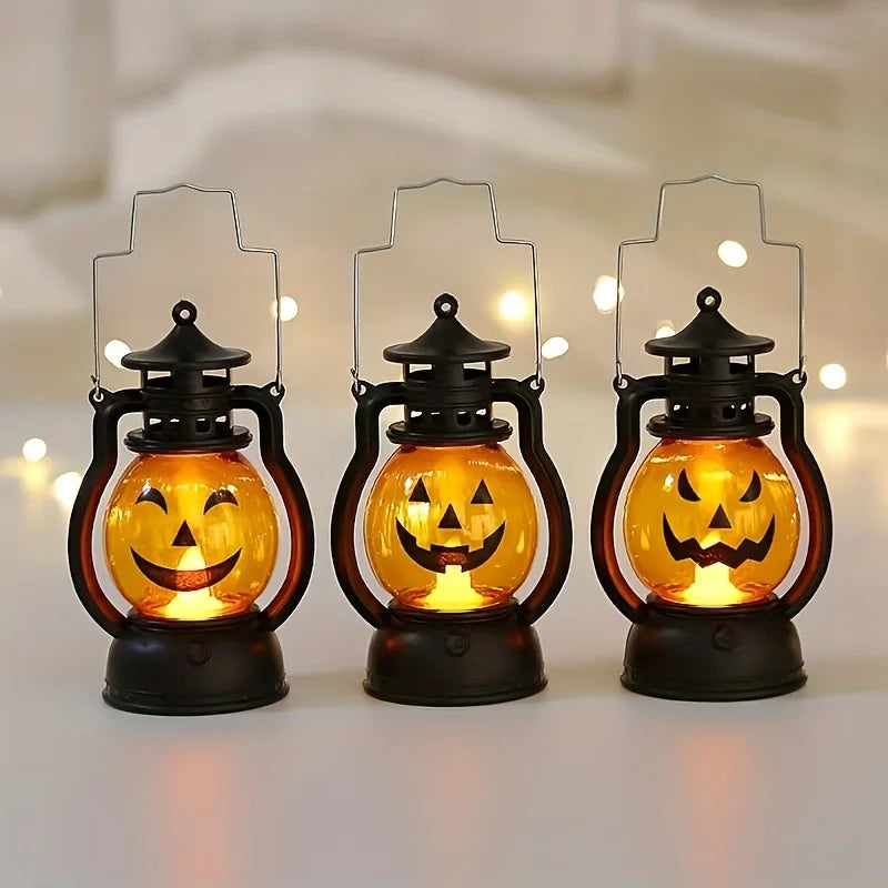 Halloween Hanging Pumpkin Lantern LED Ghost Lamp – Retro Oil Lamp Candle Light for Spooky Home Decor and Horror Party Props