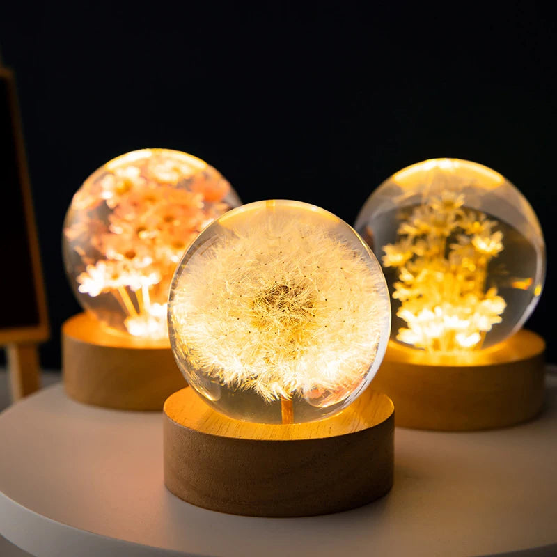 3D Dandelion Crystal Ball with Wood Stand – Luminous Preserved Flower Sphere Night Lamp