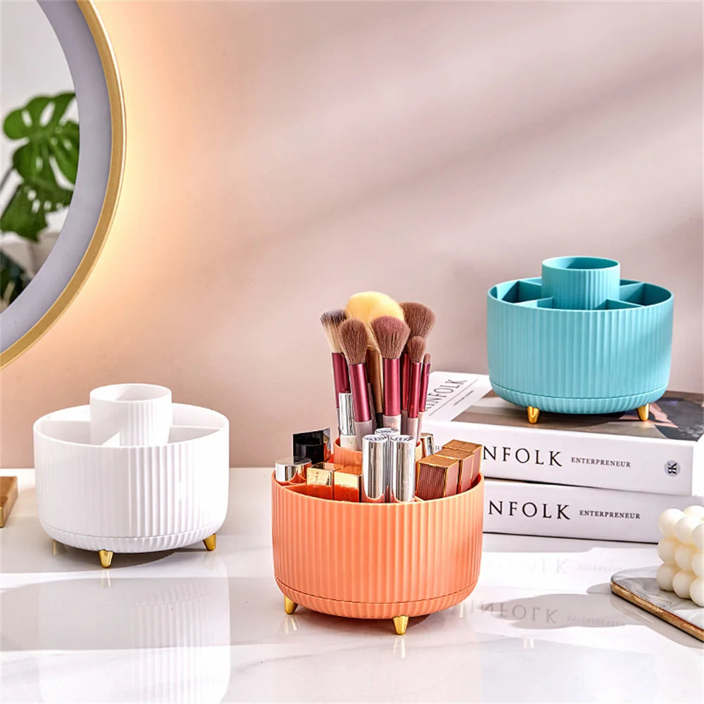 360° Rotating Makeup Brush & Cosmetic Organizer – Portable Skincare, Lipstick, and Pen Storage Box