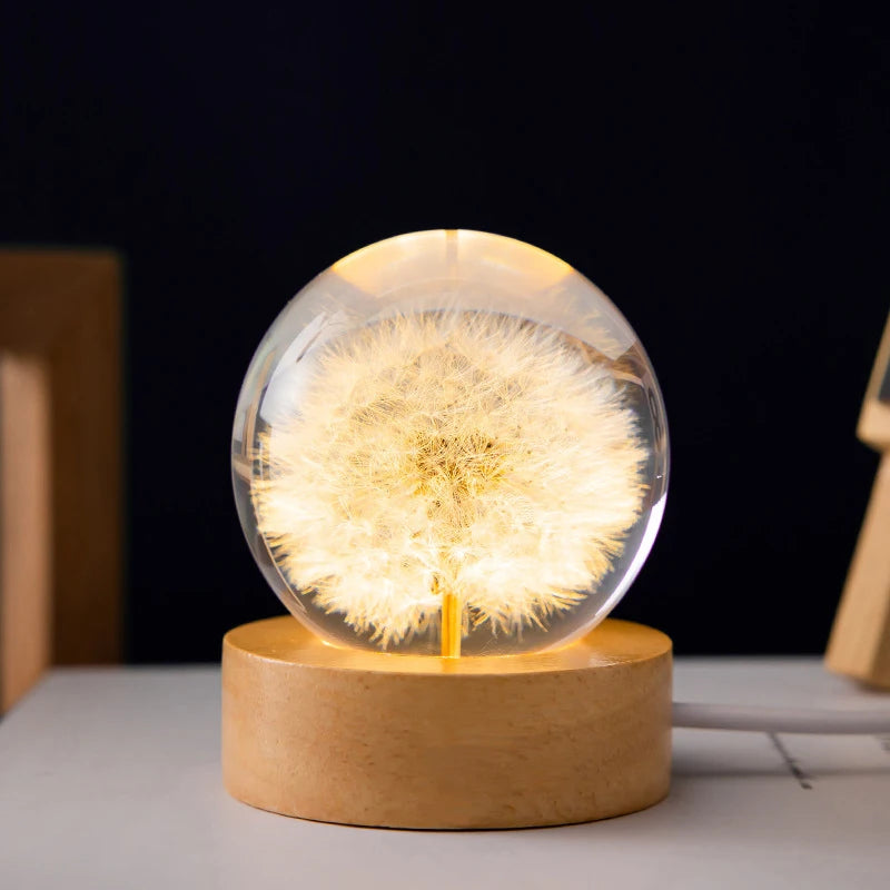 3D Dandelion Crystal Ball with Wood Stand – Luminous Preserved Flower Sphere Night Lamp