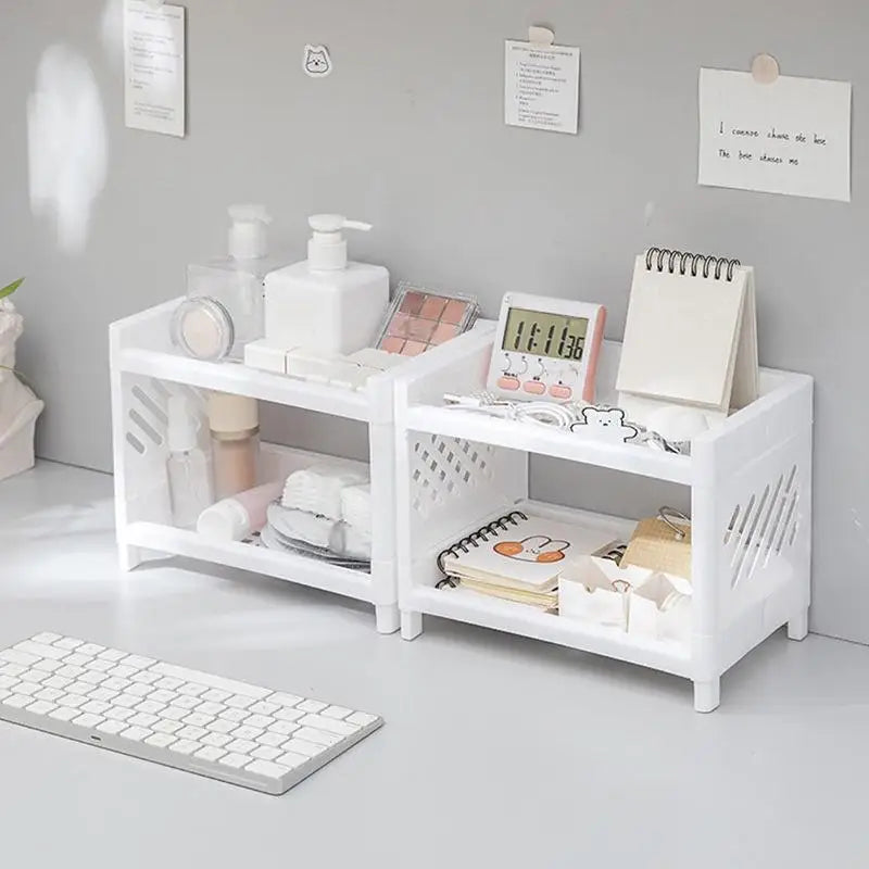 Double-Layer White Desktop Storage Rack – Rectangular Organizer for Office, Student Desk, Cosmetics, and Stationery