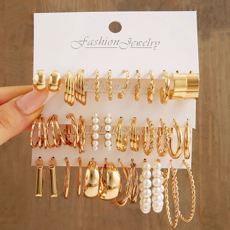 18pcs Women’s Fashion Earrings Set – Geometric, C-Shaped, and Faux Pearl Alloy Earrings in Gold-Color | Trendy  Jewelry