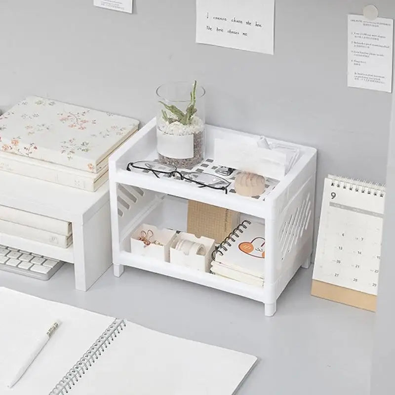 Double-Layer White Desktop Storage Rack – Rectangular Organizer for Office, Student Desk, Cosmetics, and Stationery