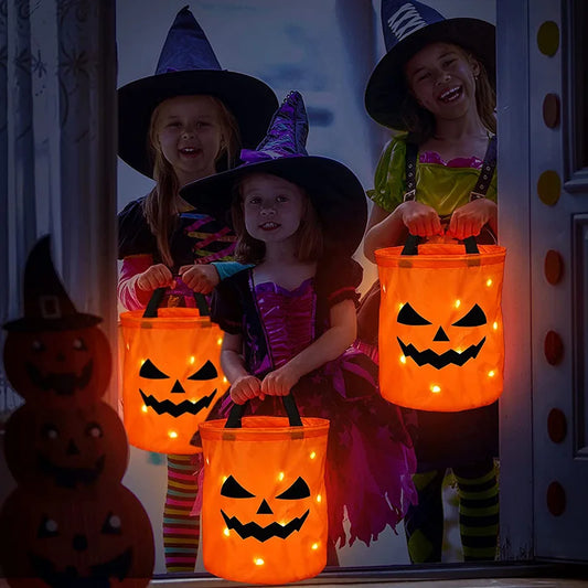 Halloween LED Glowing Pumpkin Candy Bag – Reusable Trick-or-Treat Basket with Flashing Lights for Spooky Fun